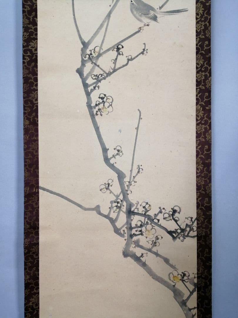 【茶道具】松村景文筆　『梅と鶯』　絵　茶軸　掛軸B931