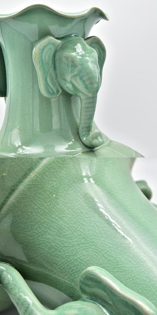 ○ 高麗青磁 松波 曺圭錫作 象耳透かし花瓶 四君子紋様 共箱 高さ42cm