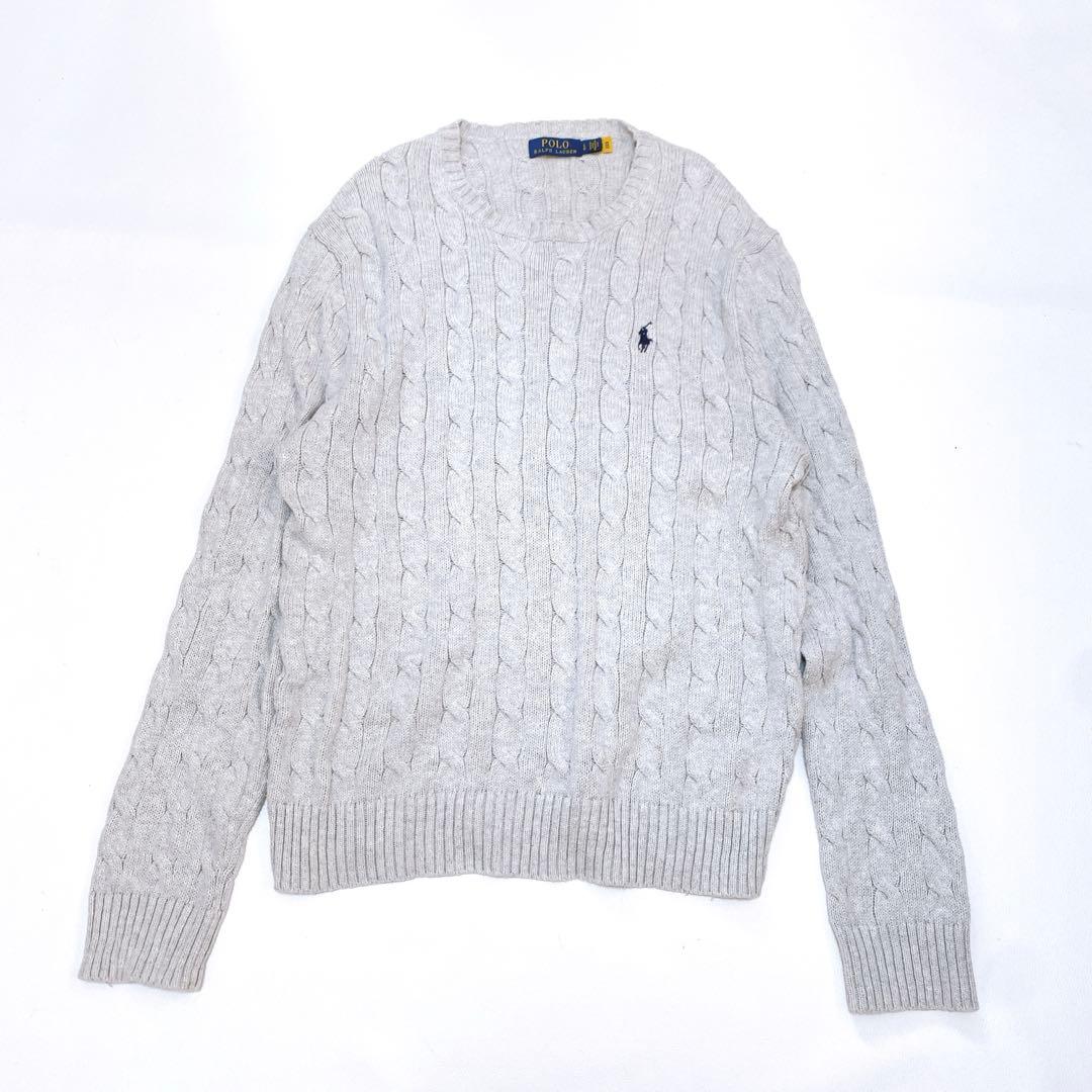ラルフローレン ケーブルニット セーター ポニー刺繍 ライトグレー L