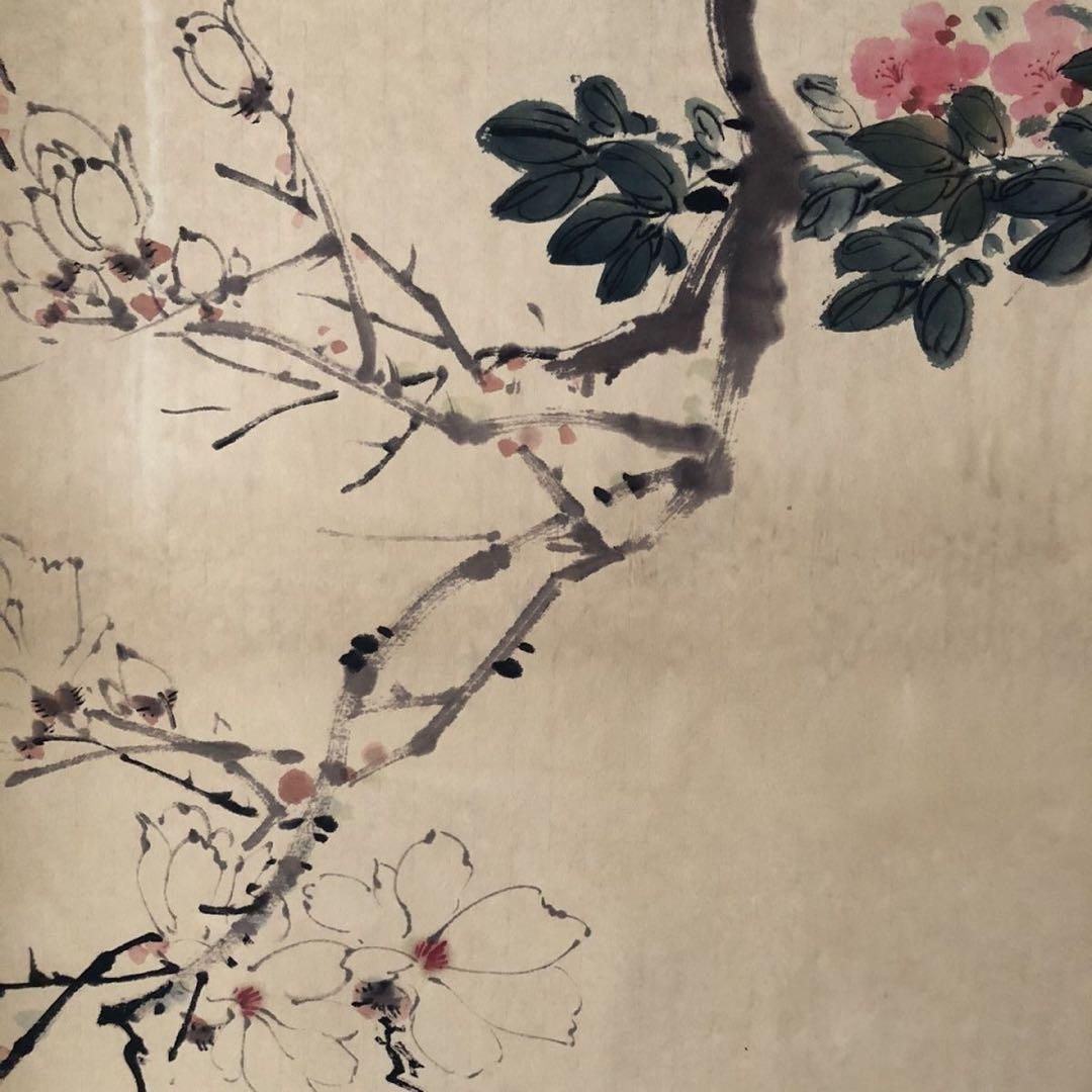 三尺中堂 中国近代 花鳥画 并栖花間 掛け軸 顔伯龍 紙