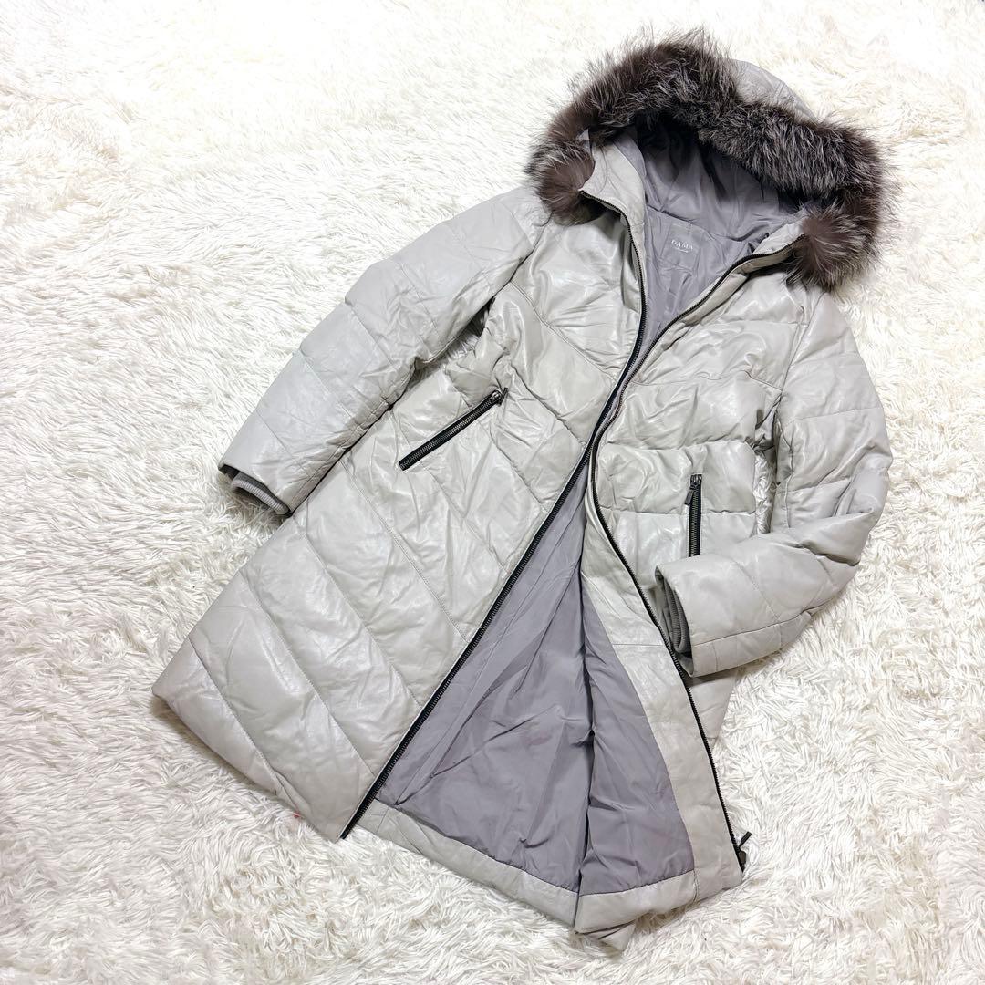 希少ダーマコレクションラムレザーロングダウンコートシルバー