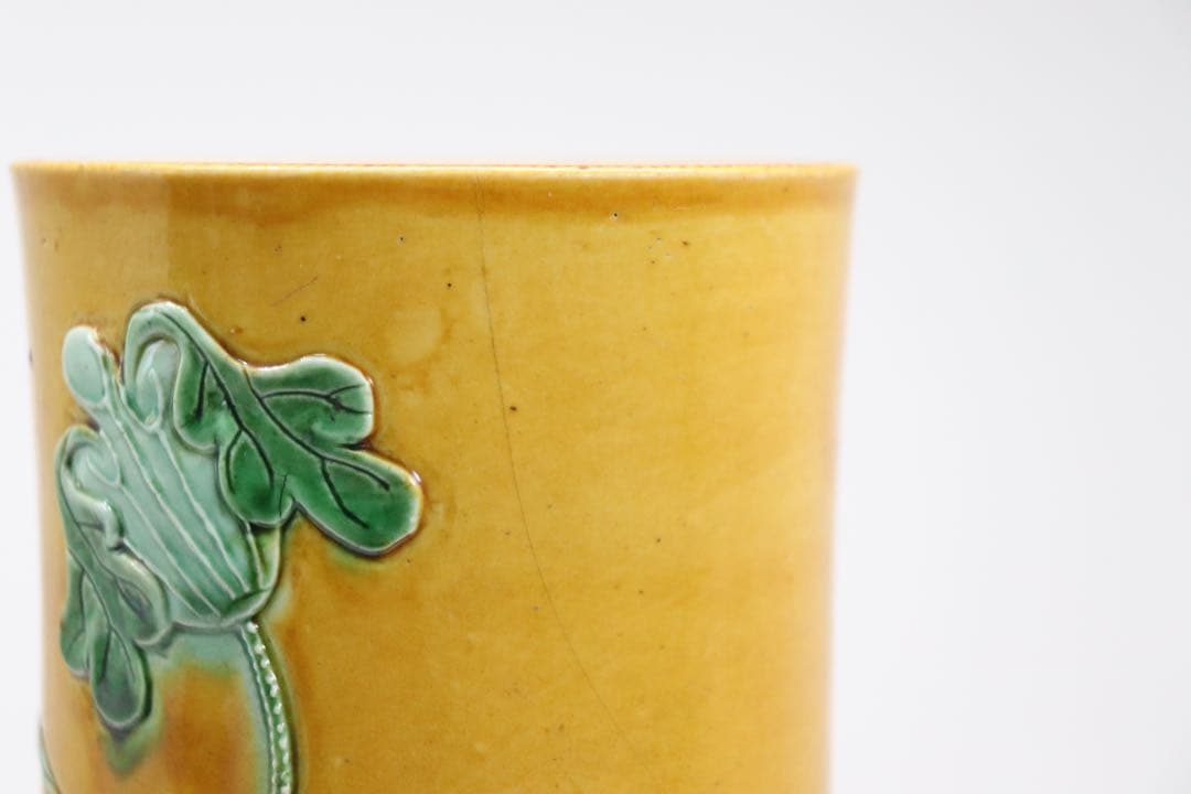 中国 清時代 黄南京 竹節型蓮鷺紋筆入 共箱 アンティーク 送料込み