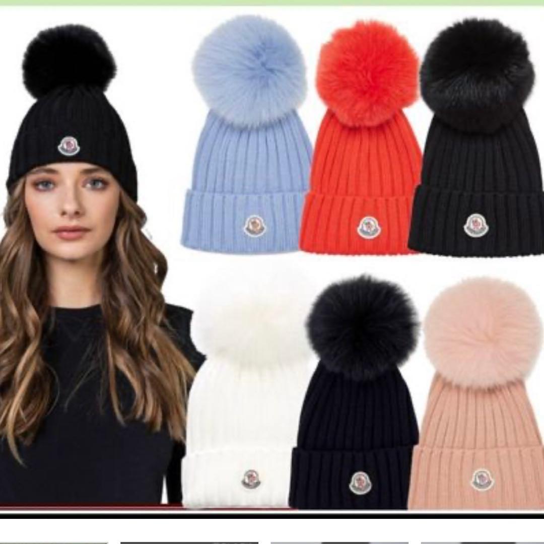 モンクレール 】ファー付きニット帽ライトブルー - メルカリ