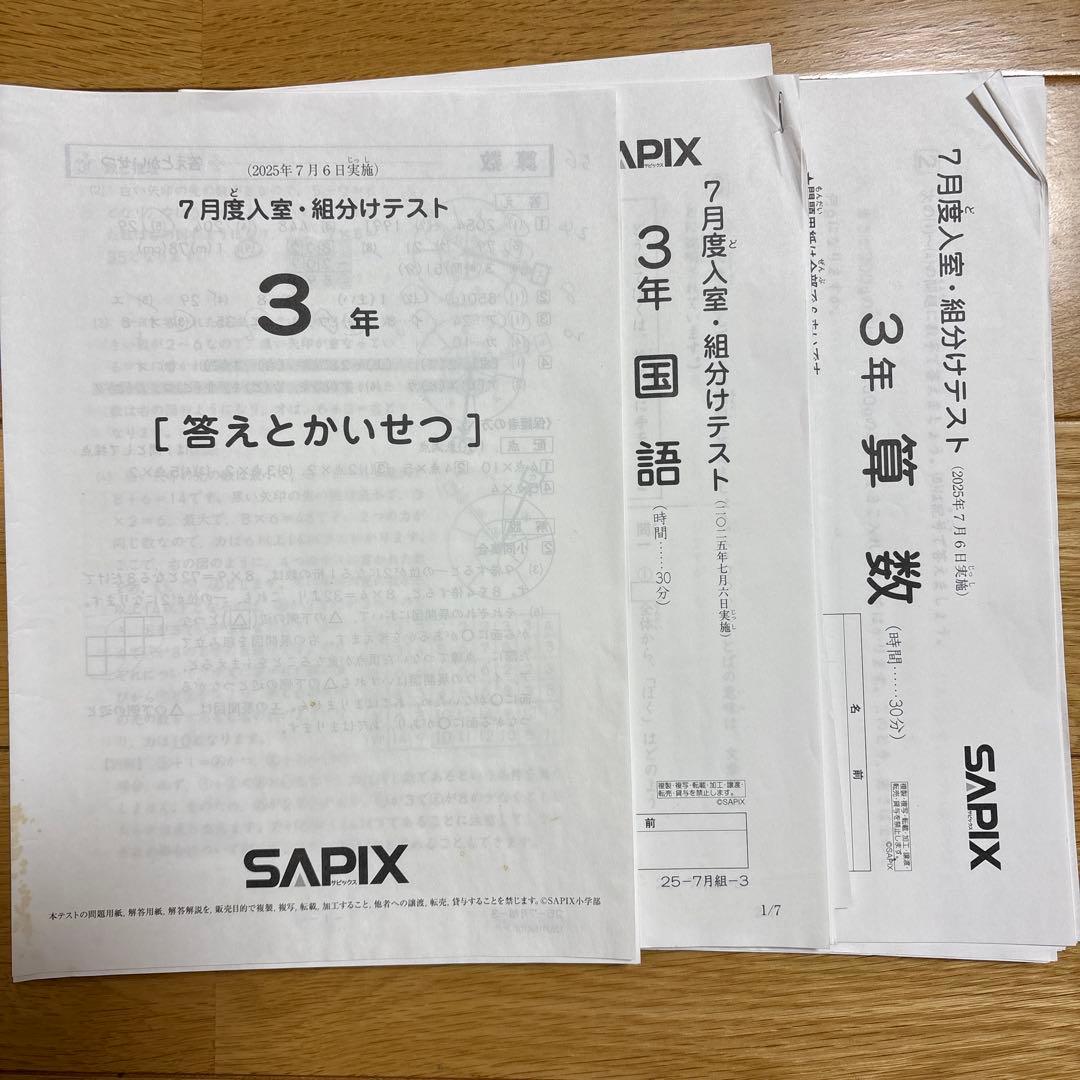 SAPIX 3年 7月度入室・組分けテスト - メルカリ