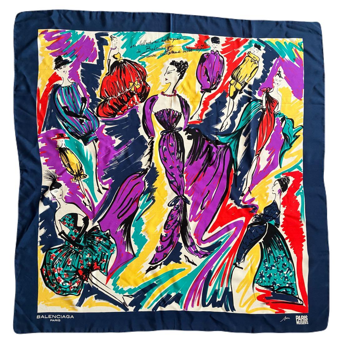 美品 BALENCIAGA バレンシアガ 大判シルクスカーフ 絹 ヴィンテージ