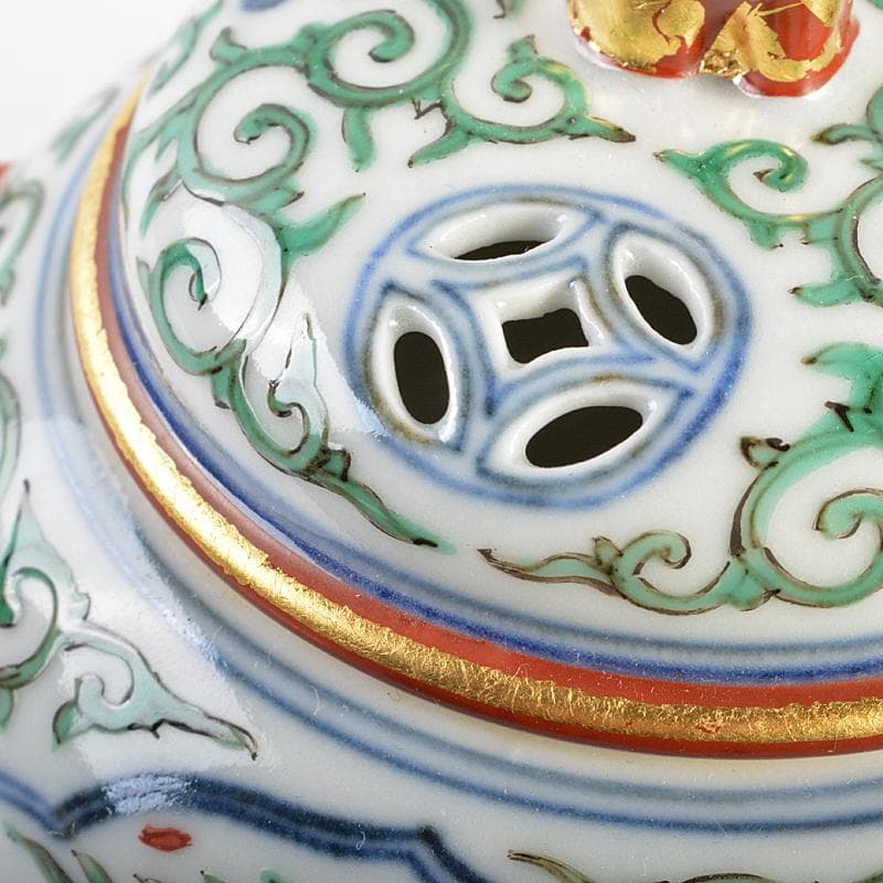 篩月庵 三浦竹泉造 赤絵金彩 花唐草龍文 双耳遊環香炉 共布共箱 J