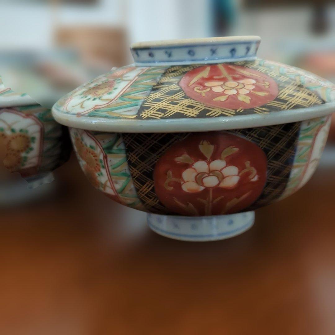 骨董 伊万里 蓋付き お茶碗 碗 色絵 錦手 アンティーク 5つ〜