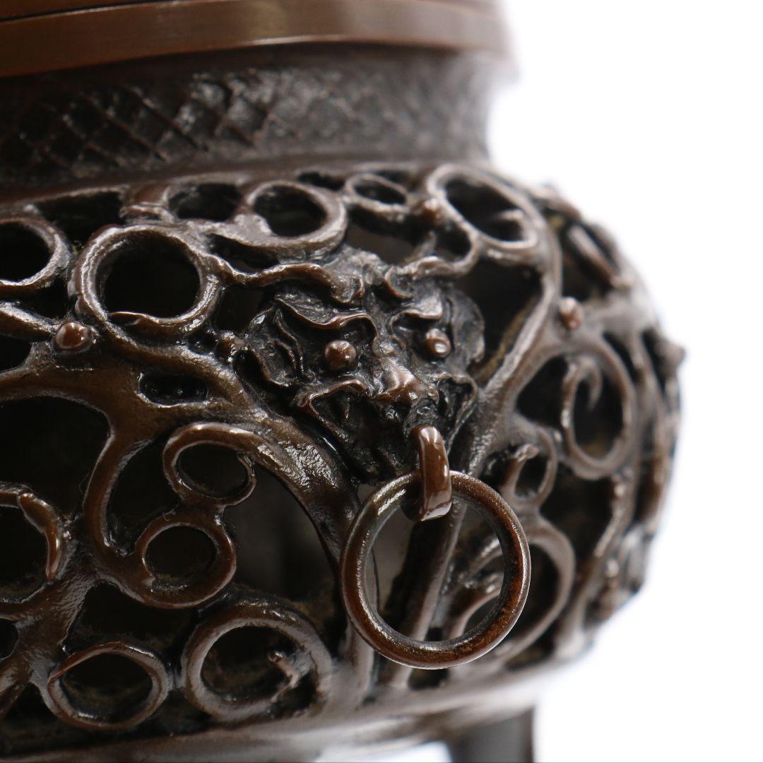 大森孝志造 蝋型青銅 唐子摘獅子透文香炉 共箱 N205 1FP8
