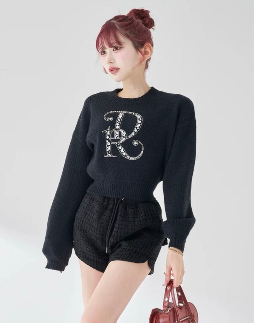 ダーリッチ　Darich DRビジューボリュームリブニットトップス　BLK ダーリッチ Darich DRビジューボリュームリブニットトップス