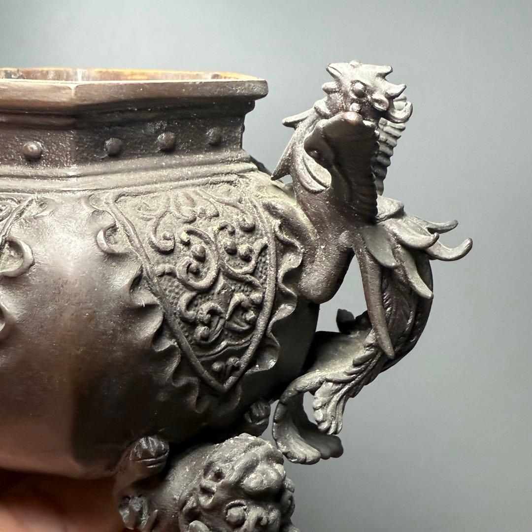 二上常太郎 元威作 蝋型鋳銅 細密細工 鳳凰耳牡丹