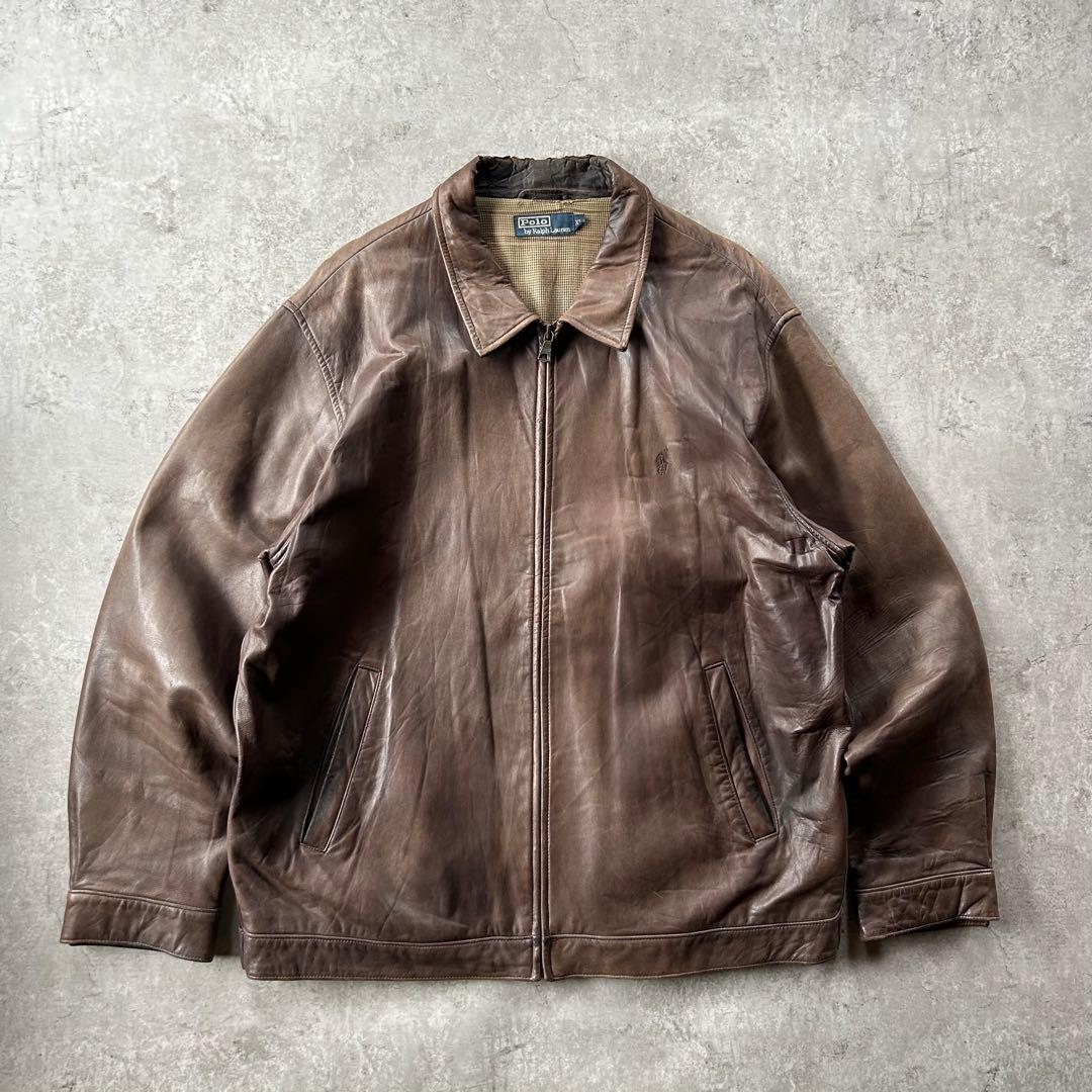 90s ラルフローレン レザージャケット スウィングトップ型 ブラウン XL
