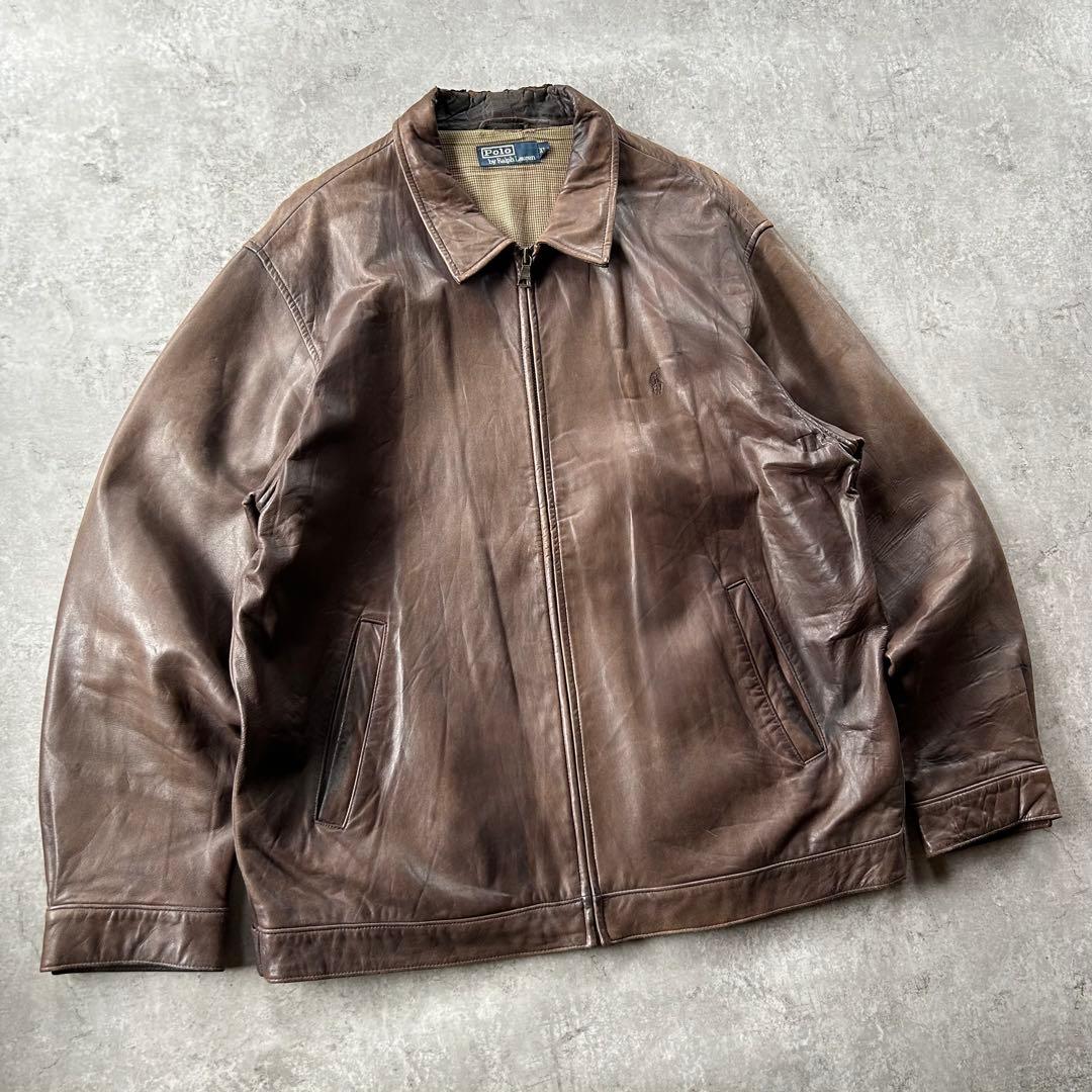 90s ラルフローレン レザージャケット スウィングトップ型 ブラウン XL