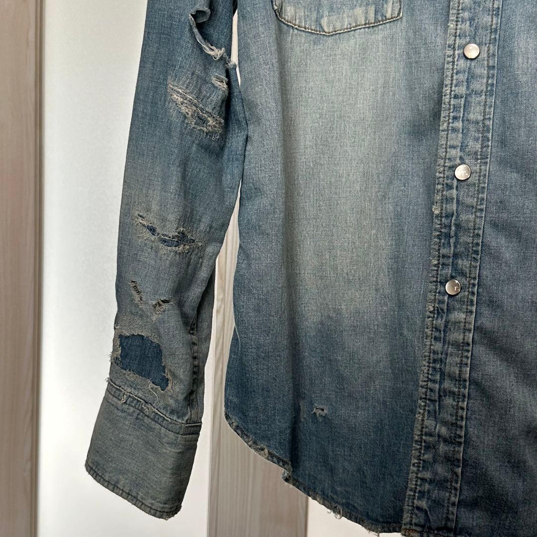 サンローラン エディ期 SAINT LAURENT クラッシュデニムシャツ 青