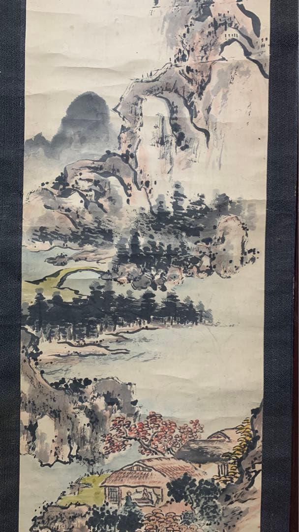 ②② 中国？山水風景水彩画掛軸　署名捺印有り　作者不明
