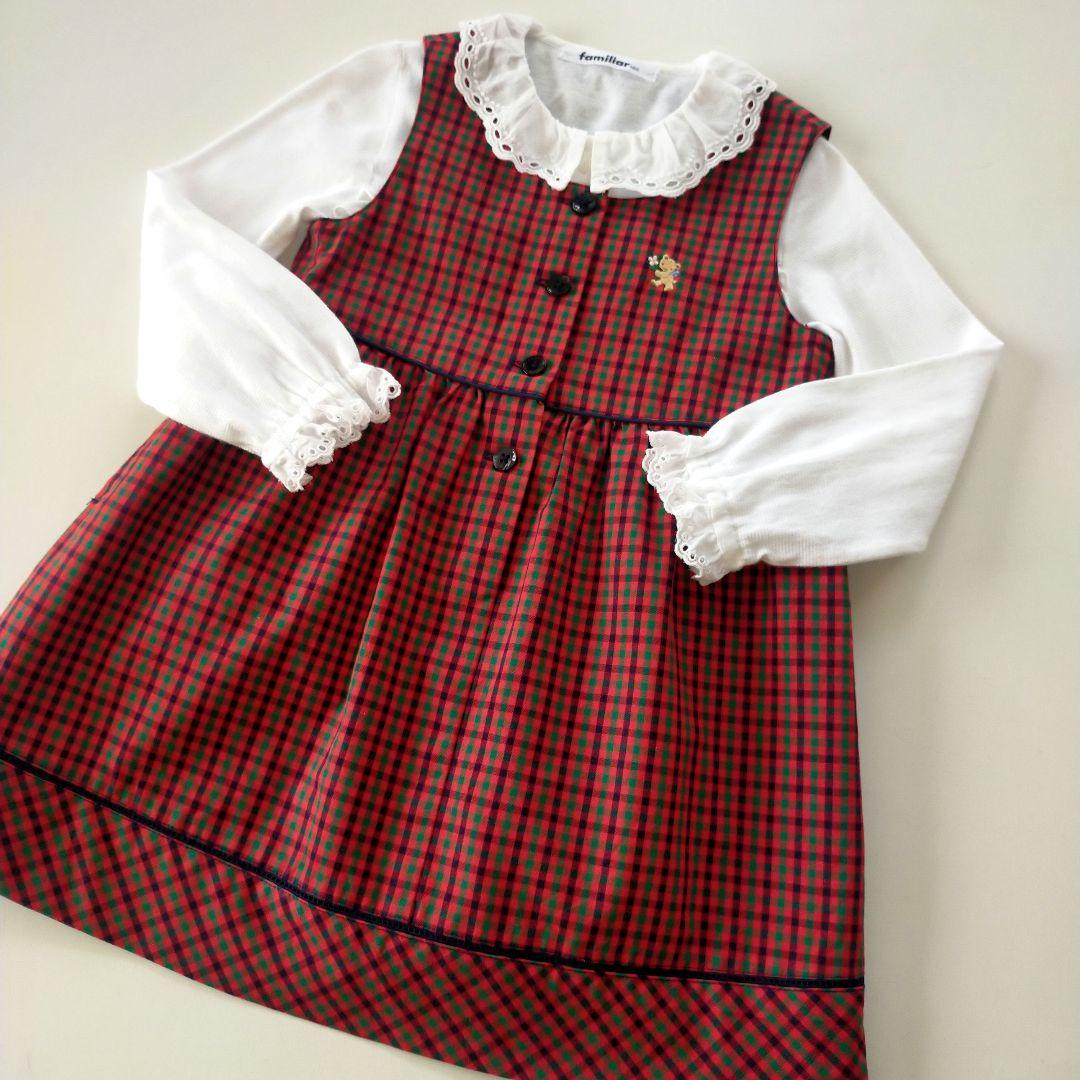 美品☆100cm familiar ファミリア チェックワンピース - メルカリ