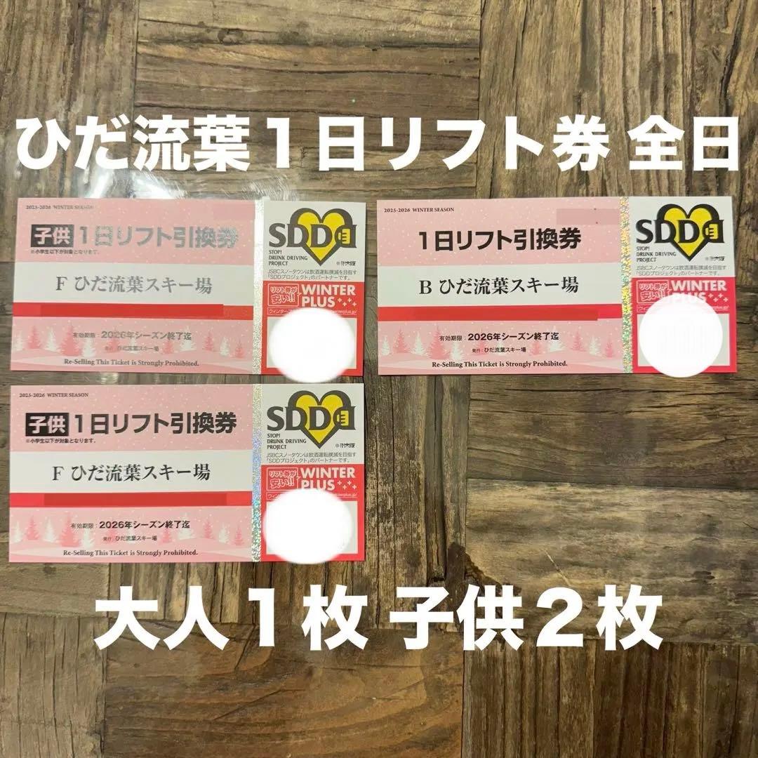 ひだ流葉スキー場 1日リフト引換券 全日 大人1枚 子供2枚 - メルカリ