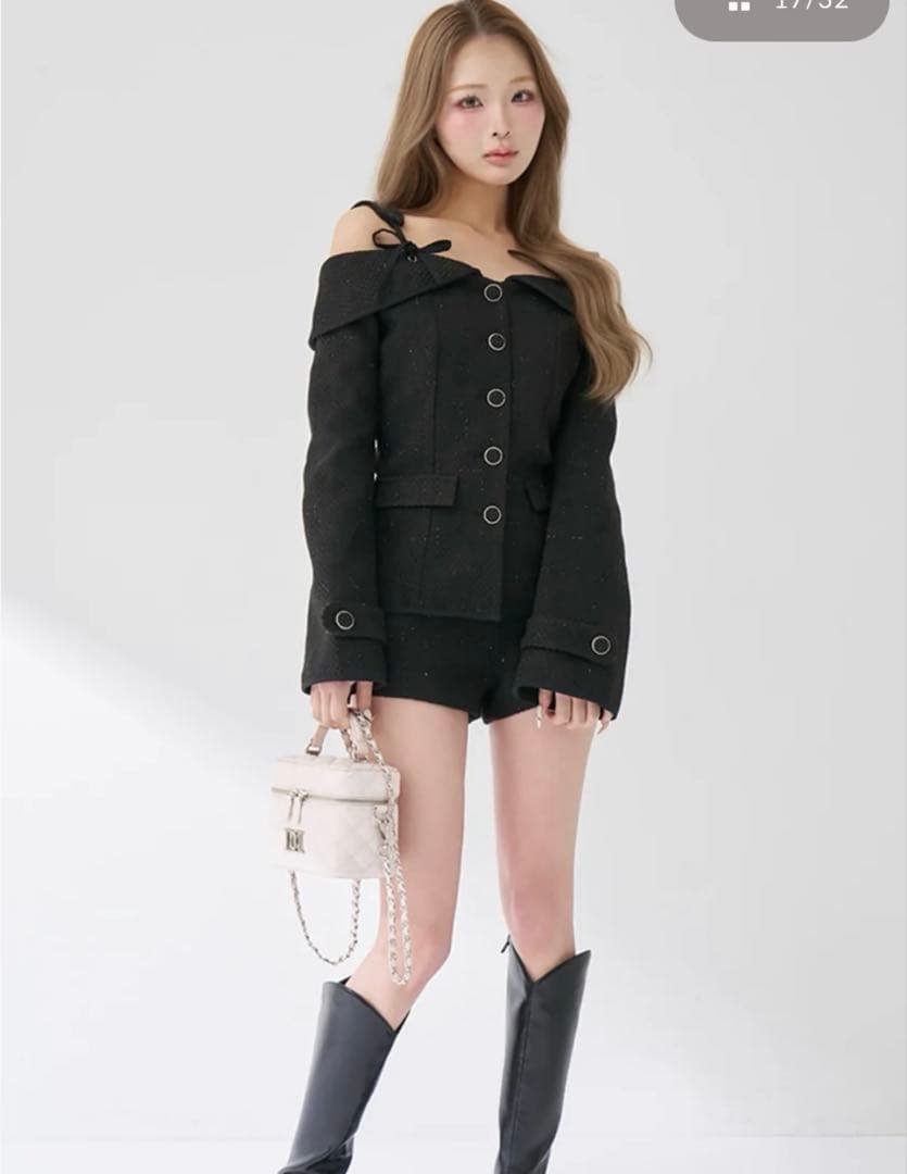 ダーリッチ ボンディングツイードオフショルチュニック ブラックS