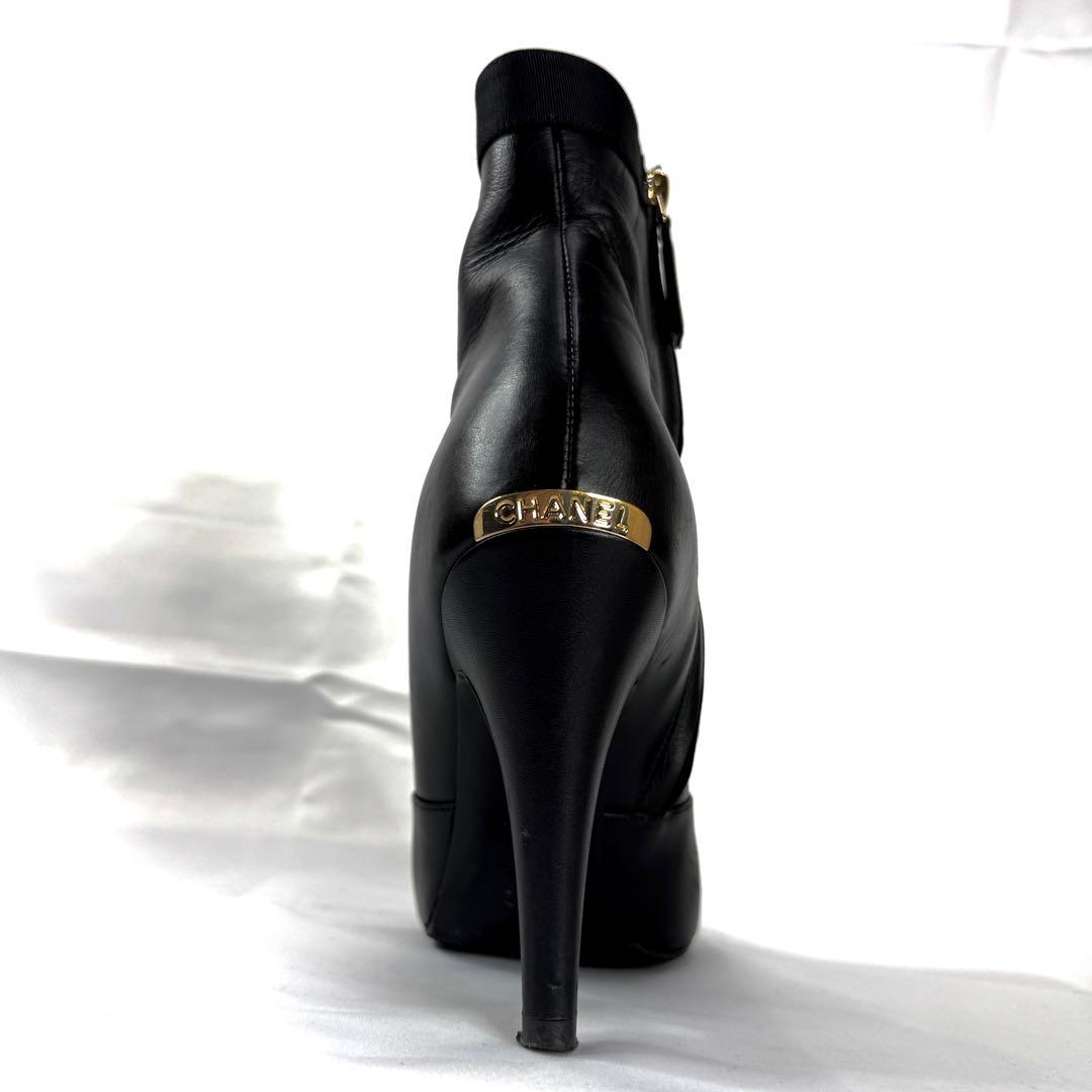 CHANEL シャネル プレートロゴ レザー ショートブーツ ハイヒール 36