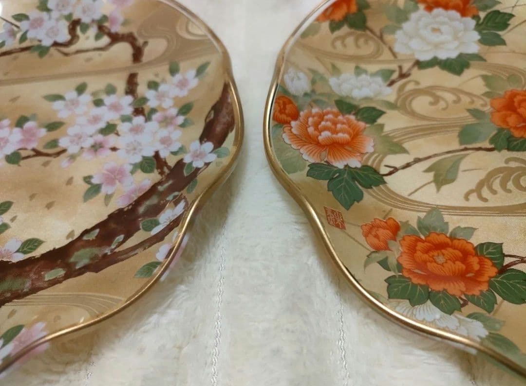 新品未使用 山本寛斎 金彩 桜 牡丹 飾り皿 2枚セット 和食器 陶器