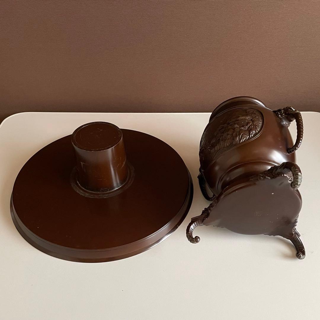 銅花器 薄端 在銘 精山 獅子双耳 池坊 茶道具 華道具 重さ5.2kg 04