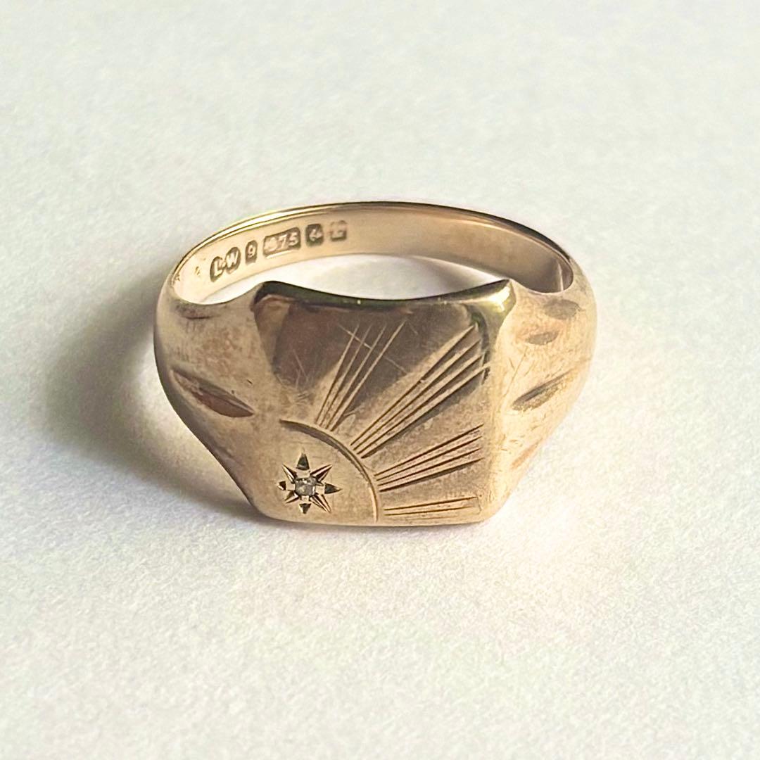 希少 1860年 英国 アンティーク 9k 9金 ダイヤモンド シグネットリング