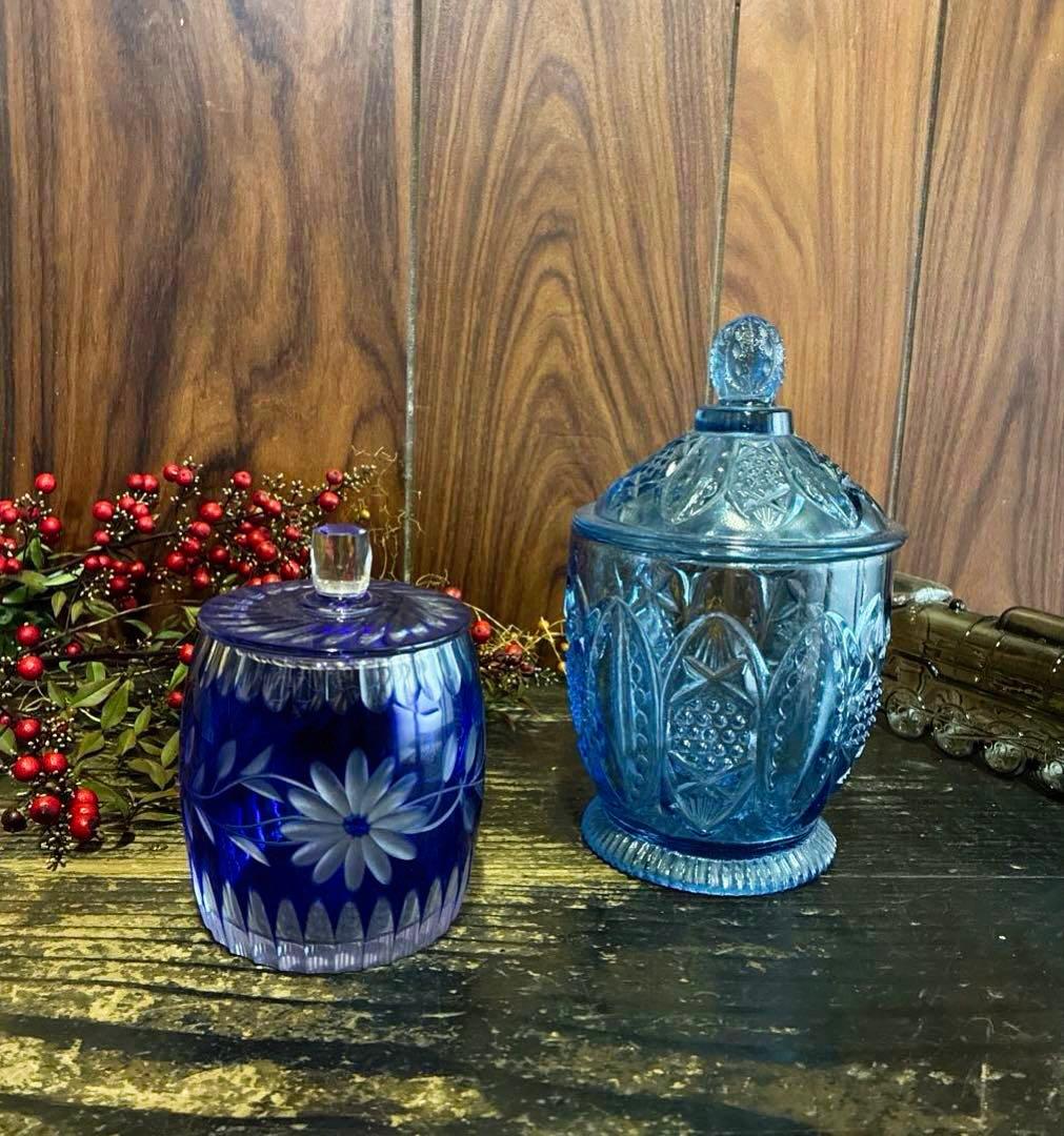 骨董 時代ガラス 青被せ切子 俵型洋花カット 希少ウランガラス 飴屋瓶