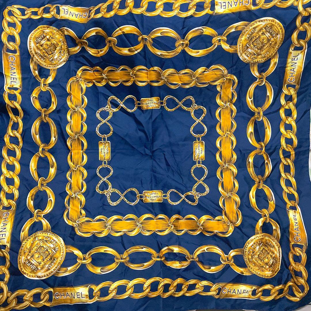 CHANEL vintage スカーフ ネイビー ゴールドチェーン シルク - メルカリ