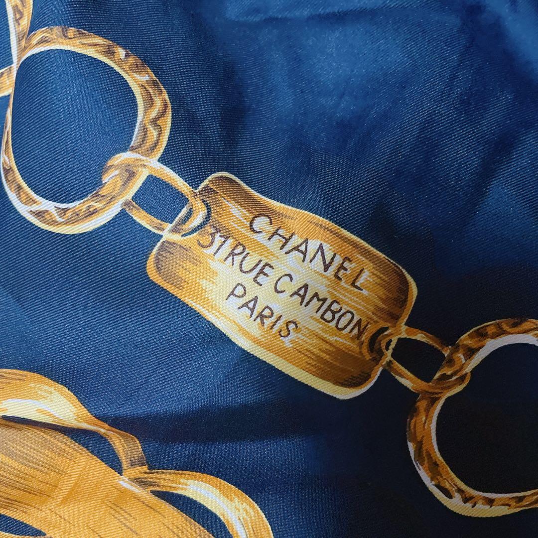 CHANEL vintage スカーフ ネイビー ゴールドチェーン シルク - メルカリ
