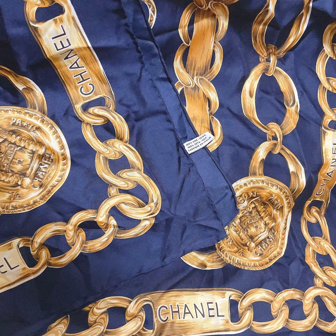 CHANEL vintage スカーフ ネイビー ゴールドチェーン シルク - メルカリ