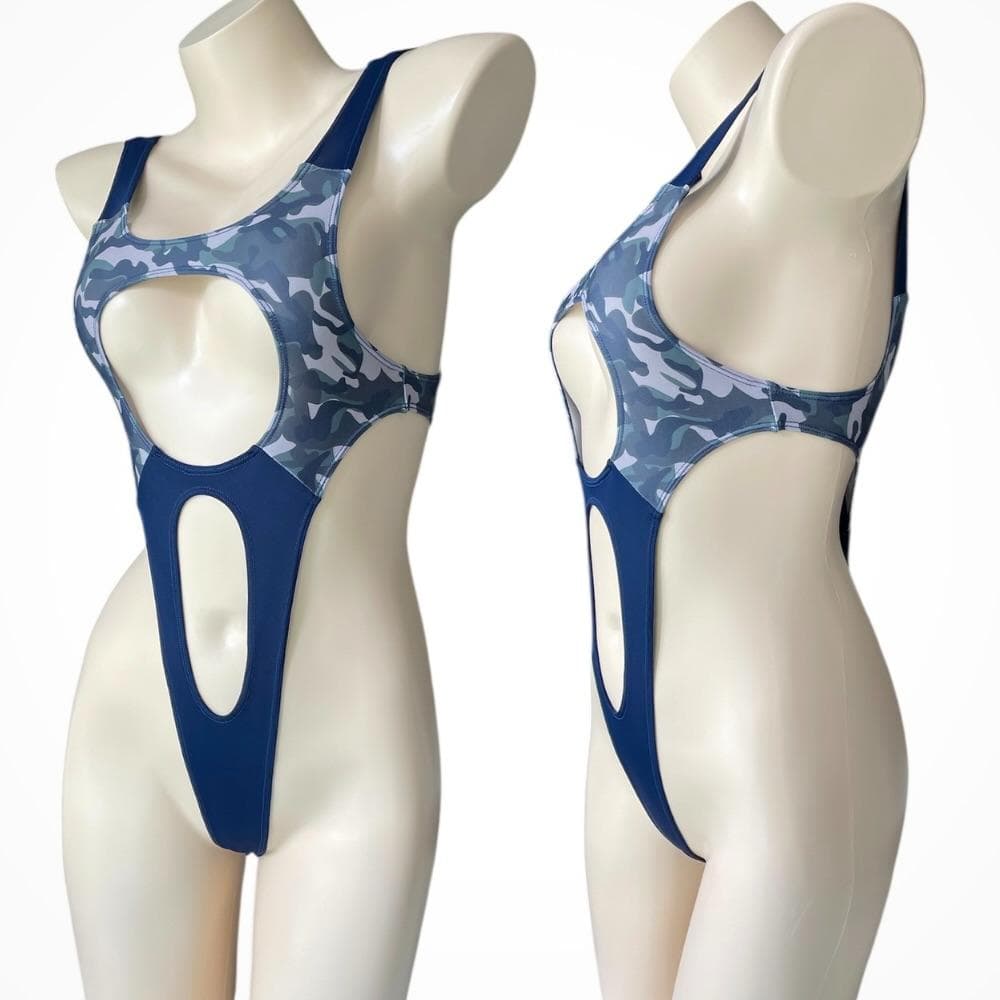レオタード　ハイレグ　穴あき　迷彩×ネイビー