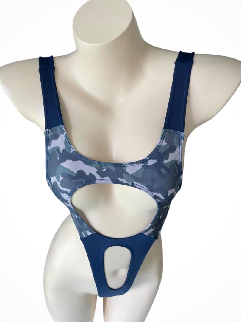 レオタード　ハイレグ　穴あき　迷彩×ネイビー