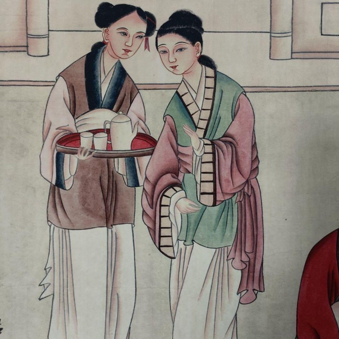 唐寅 秋庭仕女図　三尺中堂掛け軸　中国人物画　宣紙　書画工芸