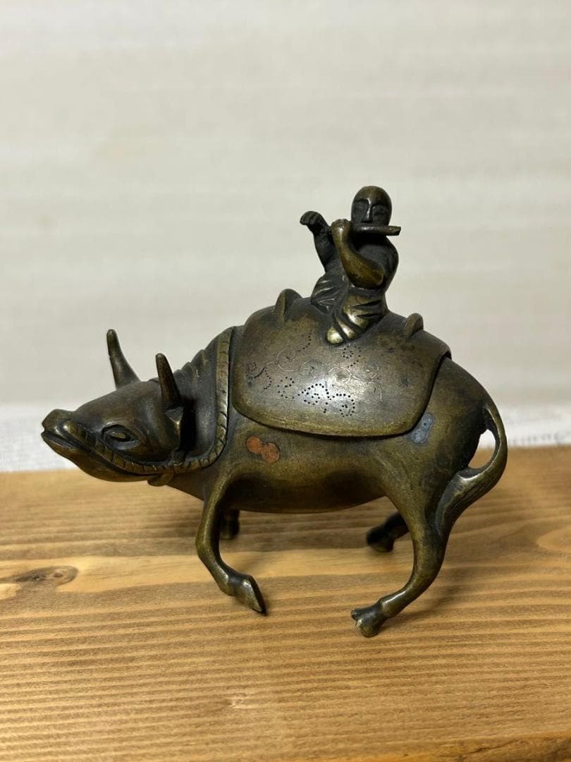 香炉 牧童 牛 笛吹き 置物 オブジェ アンティーク 昭和 骨董品 金属製