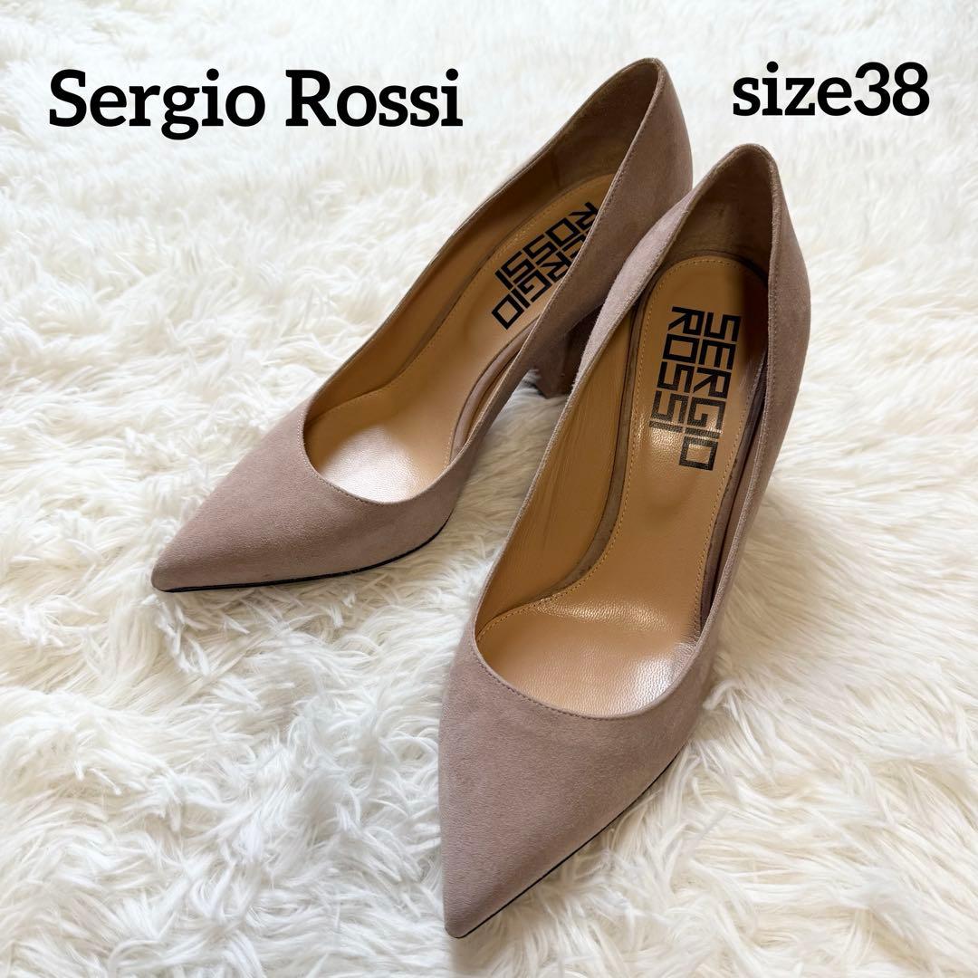 【美品】セルジオロッシ ピンク ベージュ ポインテッドトゥ パンプス サイズ38 sergio rossi セルジオロッシ スエードパンプス ピンクベージュ38