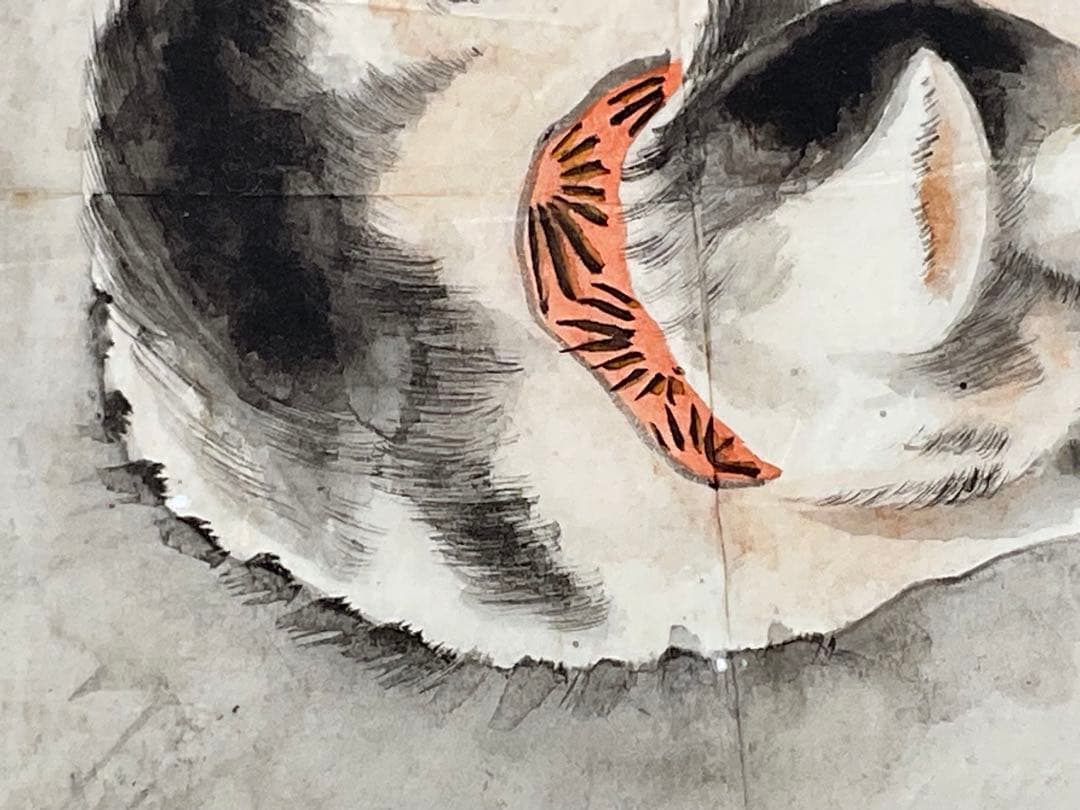 虹外筆　猫と蝶　ネコ　日本画　額入り