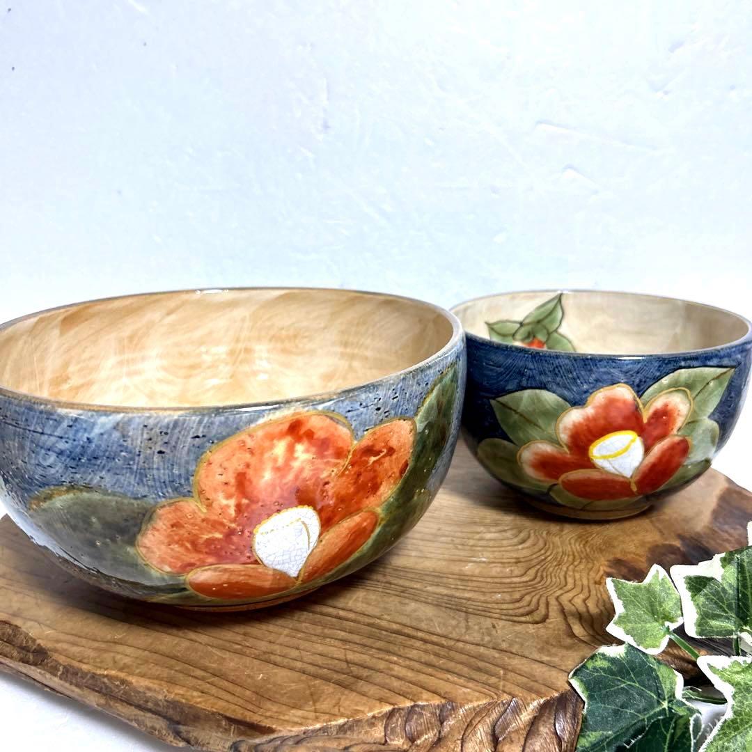 未使用 清水焼 京焼 土渕陶葊 陶あん 陶葊窯 絵付け 椿柄 大鉢 菓子鉢