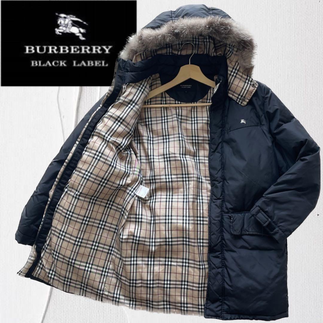 バーバリー ダウンコートジャケット フォックスファー ノバチェック 黒