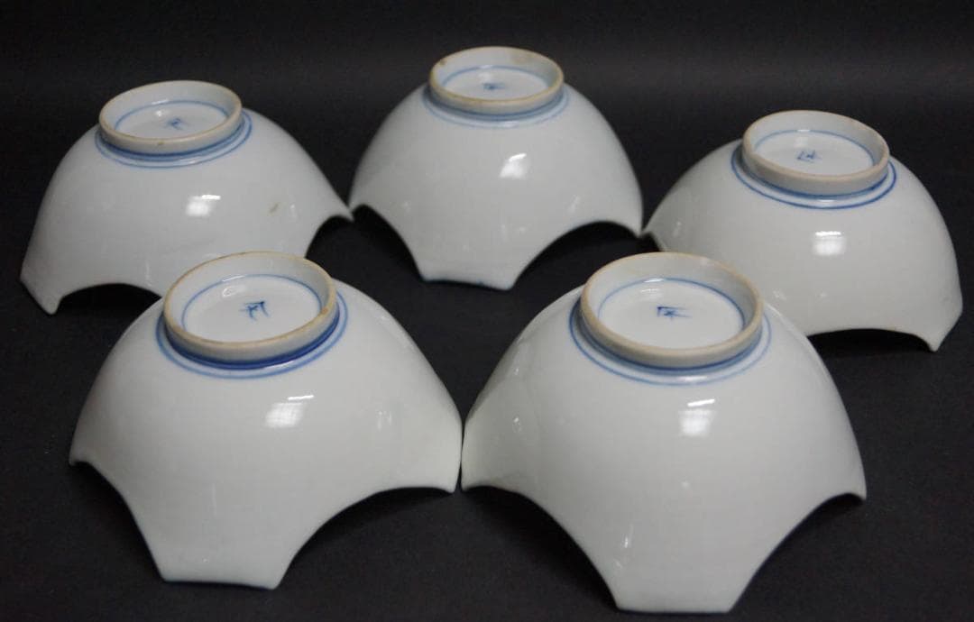 古伊万里焼 色絵『錦梅桃祥瑞文』割山椒向付(五客) 在銘 料亭 割烹