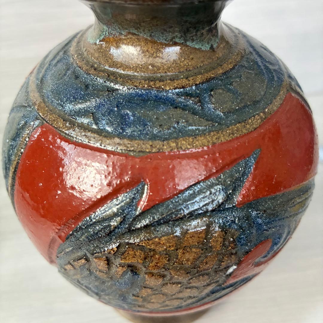 壺屋焼 小橋川清正 赤絵 魚紋 花瓶 沖縄 花器 インテリア 壺 工芸品
