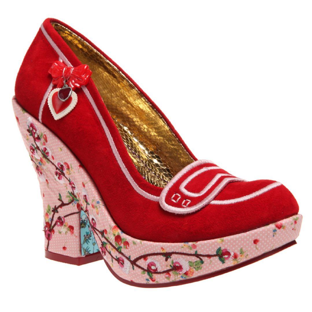 赤いフラワー刺繍ウェッジヒールパンプス 厚底ヒールレースアップパンプス （パンプス）｜ESPERANZA