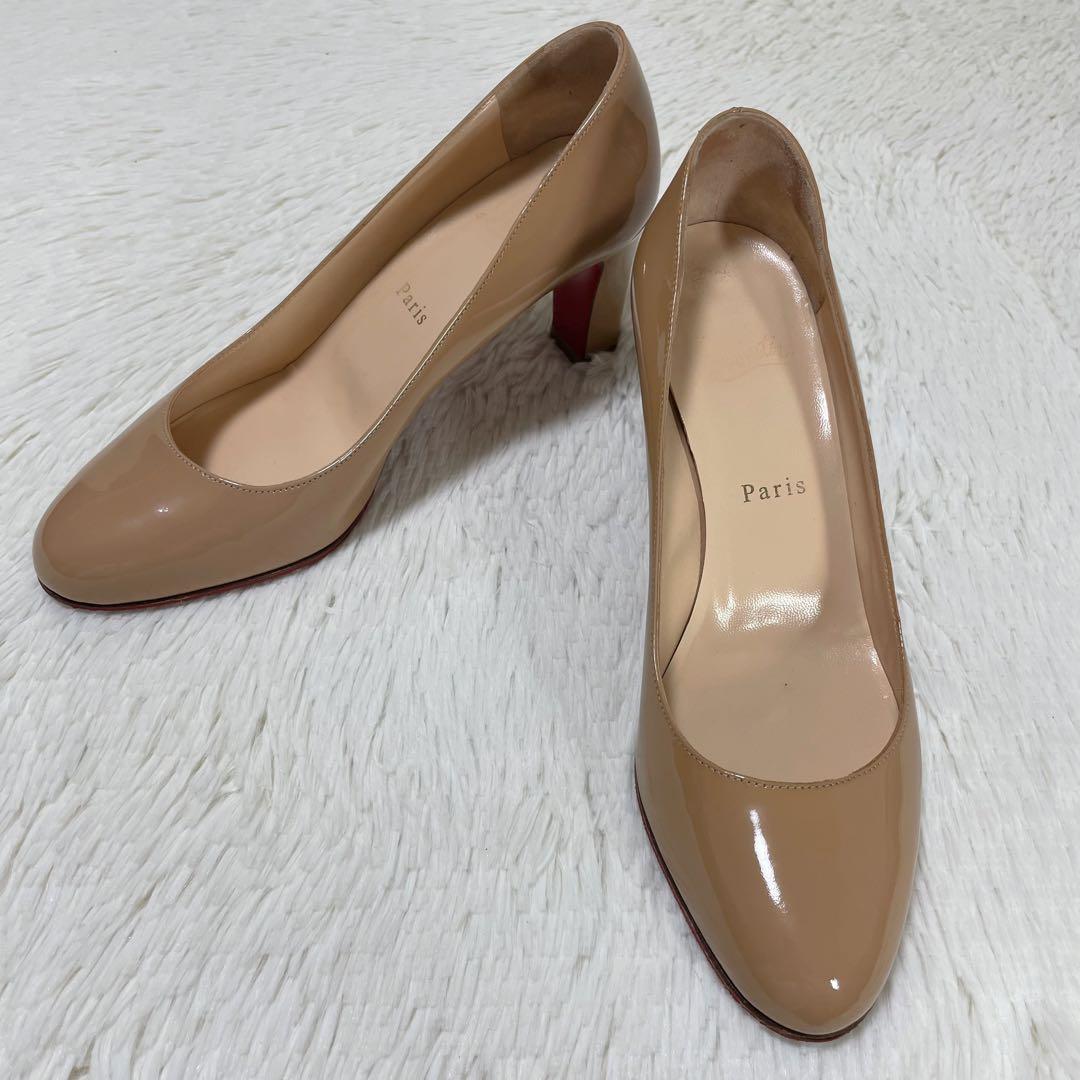 美品✨クリスチャンルブタン パンプス ベージュ チャンキーヒール 訳