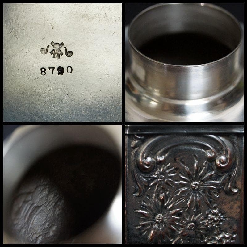 ヴィンテージ 銅地銀メッキ 面取茶入 打出細工『風景楼閣人物図