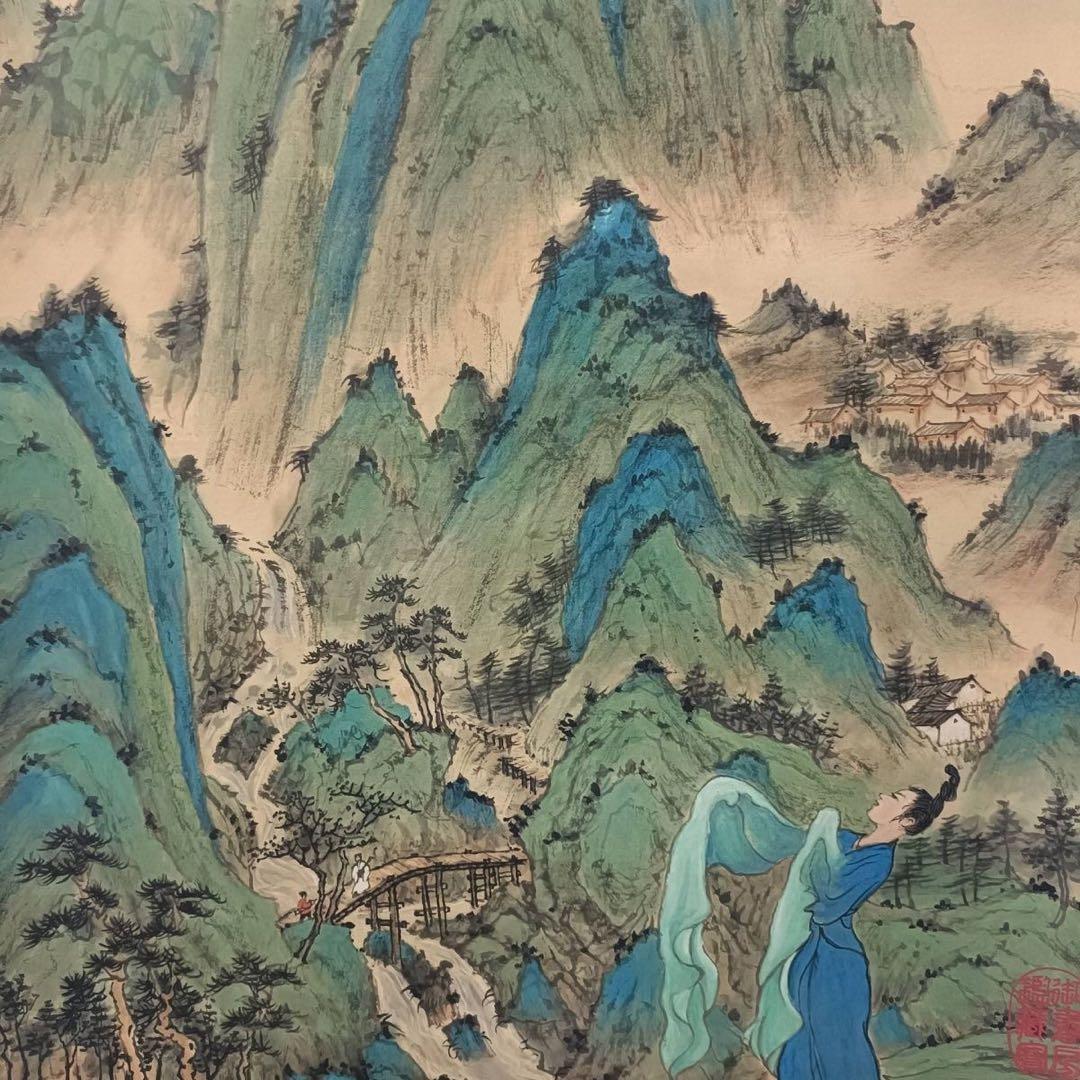 王希孟 山水画 掛け軸 中堂 千里江山図 中国画 表装済 77×175cm