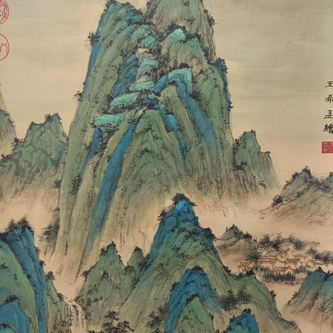 王希孟 山水画 掛け軸 中堂 千里江山図 中国画 表装済 77×175cm