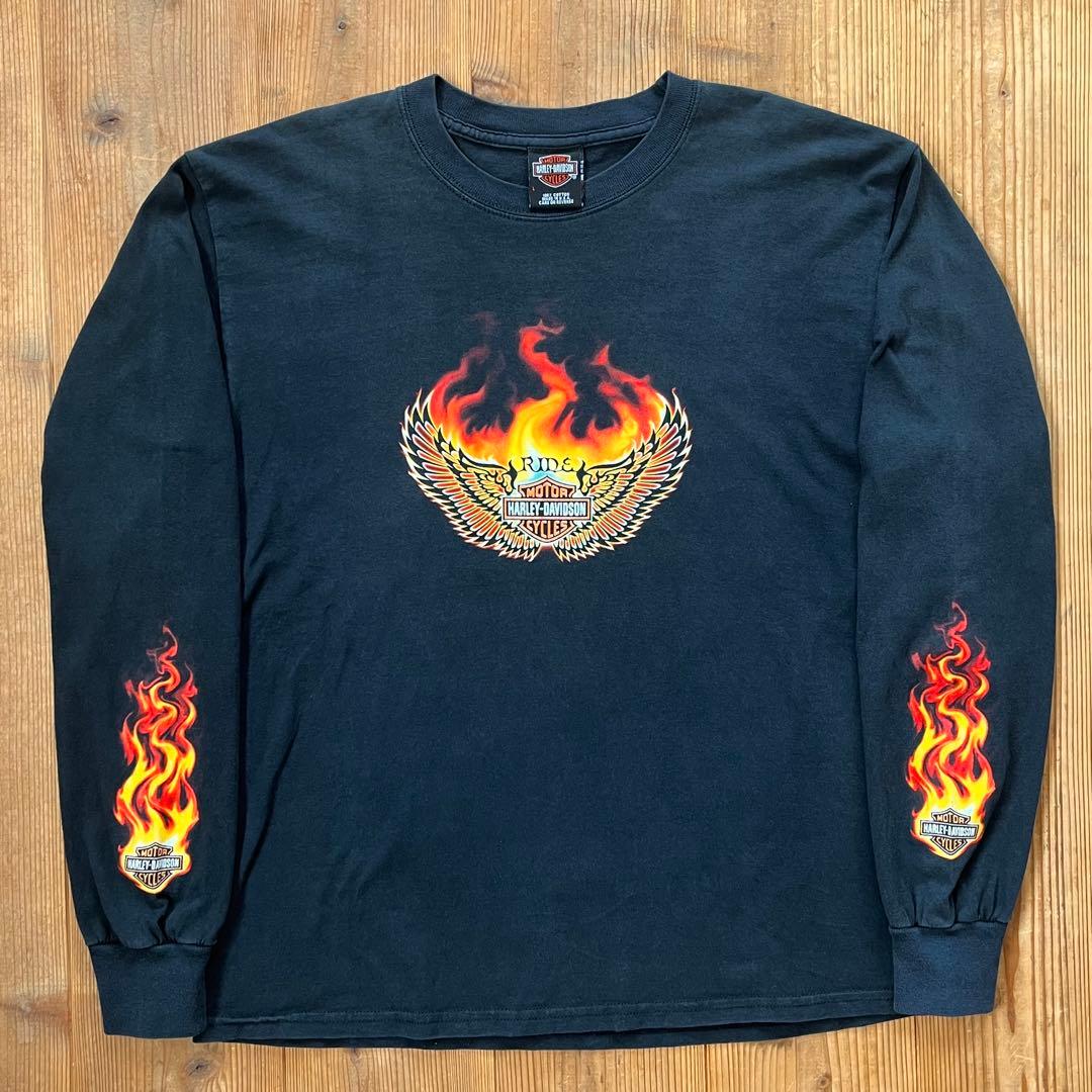 スペシャル 00sハーレー USA製 フレイム ロンT Tシャツ 袖プリ L