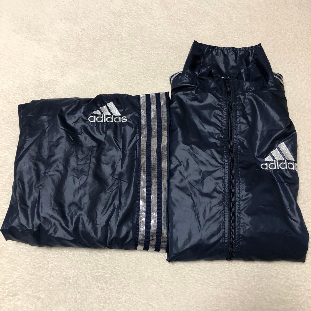美品 adidas ウインドブレーカー上下 ネイビー 光沢シルバーライン 高
