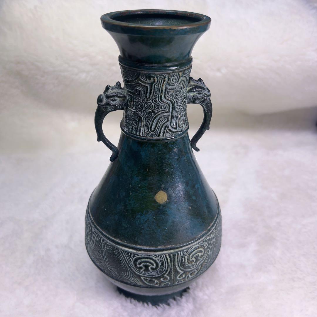 銘 兼筍 青銅風 双龍耳 花瓶 古代文様 飾壺 - メルカリ