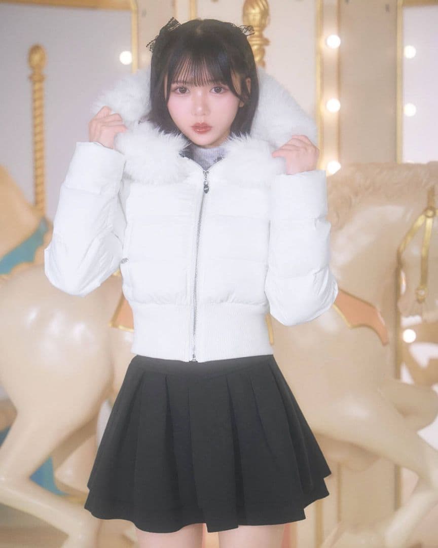 ミシェルマカロン ファーフードショートダウン ホワイト XSサイズ