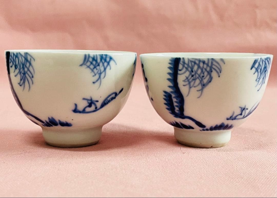 アンティーク道八 染付煎茶湯呑み3点＊2点まとめて五客