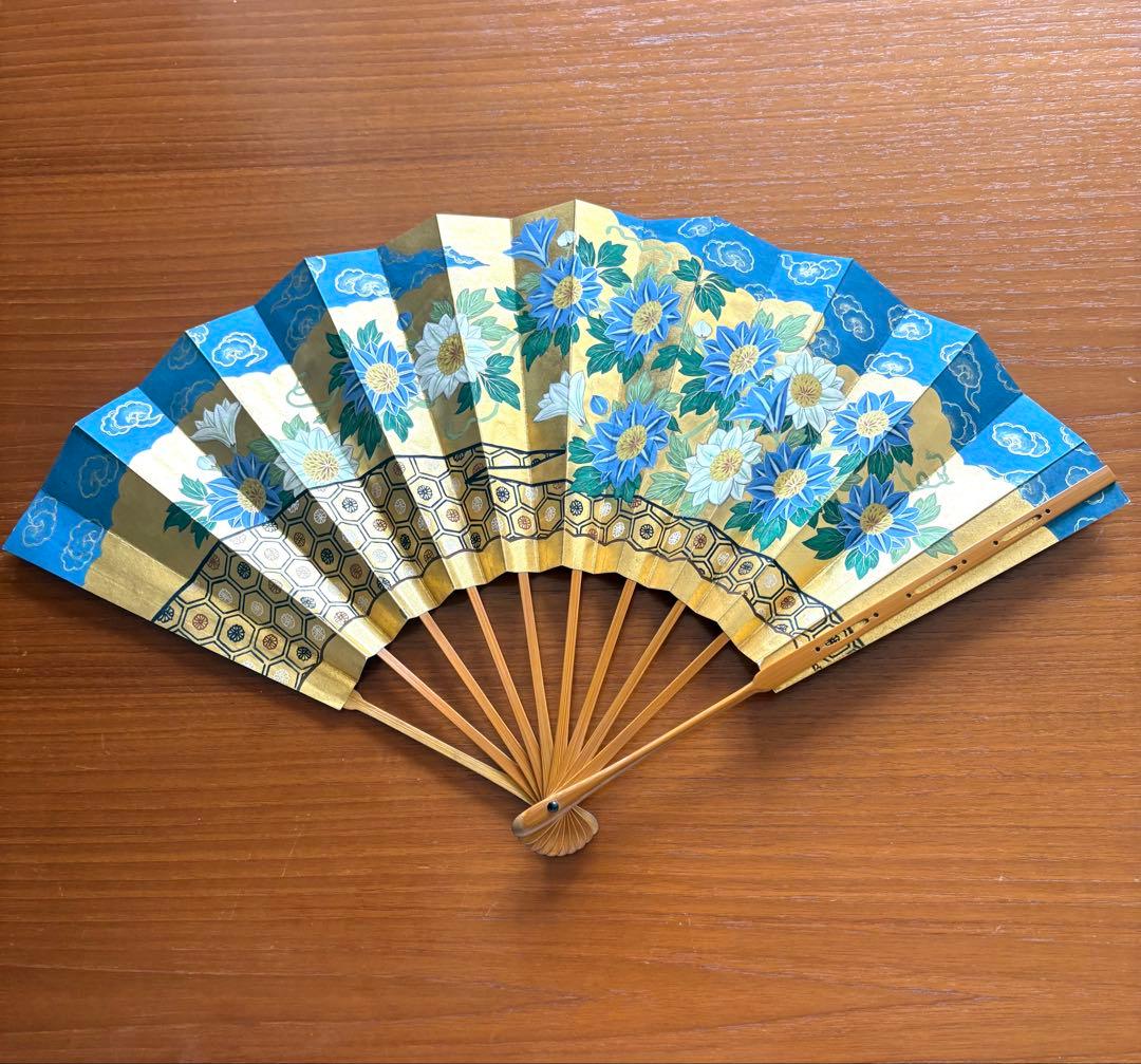 観世流　本金花柄舞扇青金色